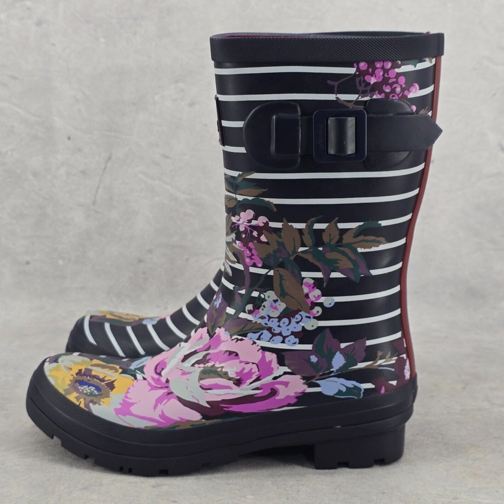 New Joules Rain Boots Mid Calf Molly Welly Navy Stripes Flowers Size US: 6 UK: 4 - Picture 6 of 15